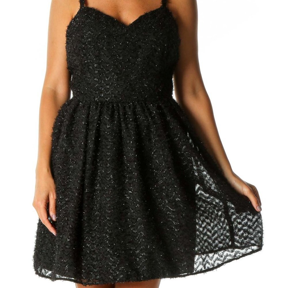 Aidan Mattox Black Metallic Chevron Striped Fit and Flare Cocktail Dress P5725
